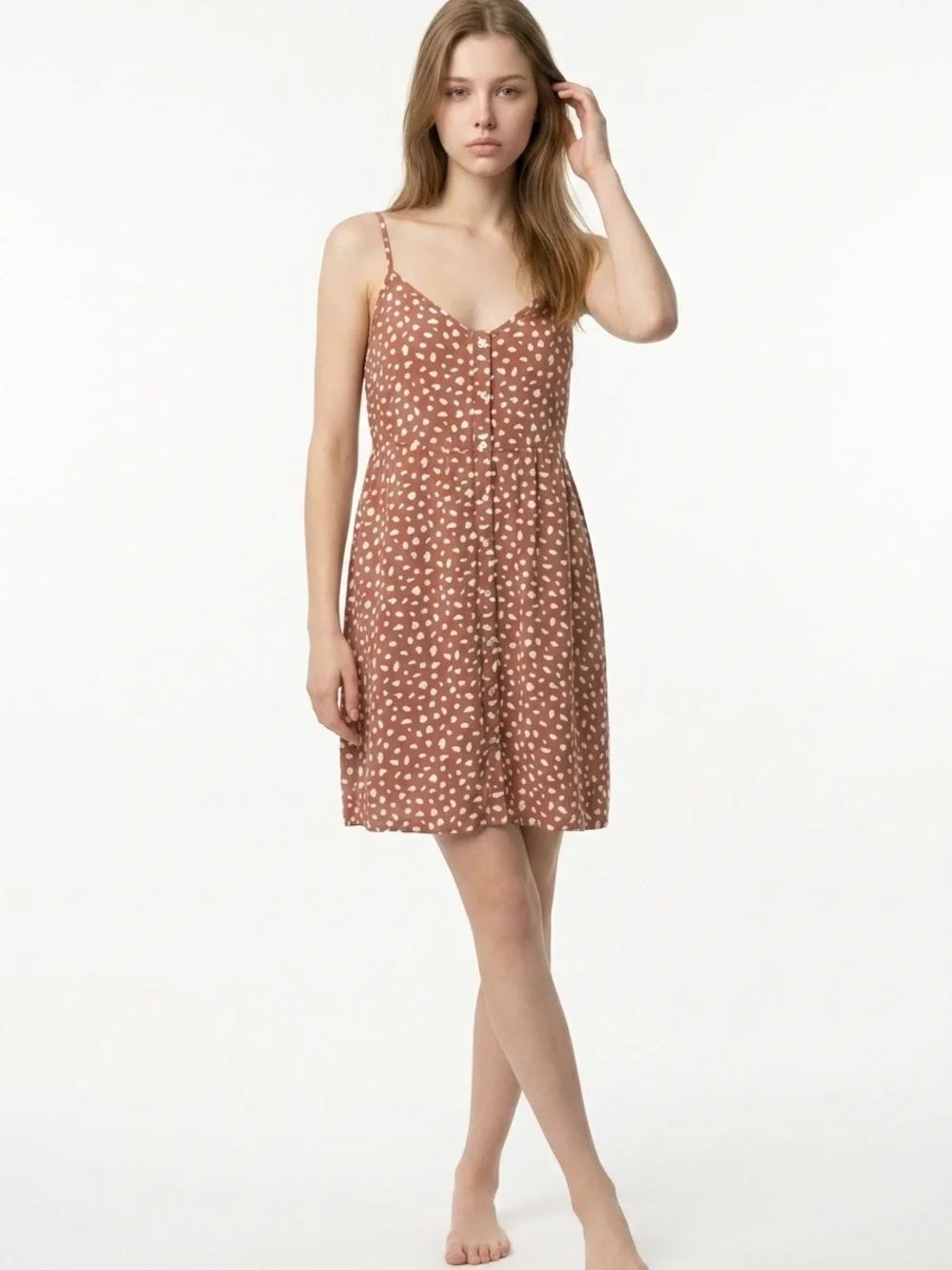 AERIE | Button-Front Sundress in Tan with White Print Women’s Size Medium